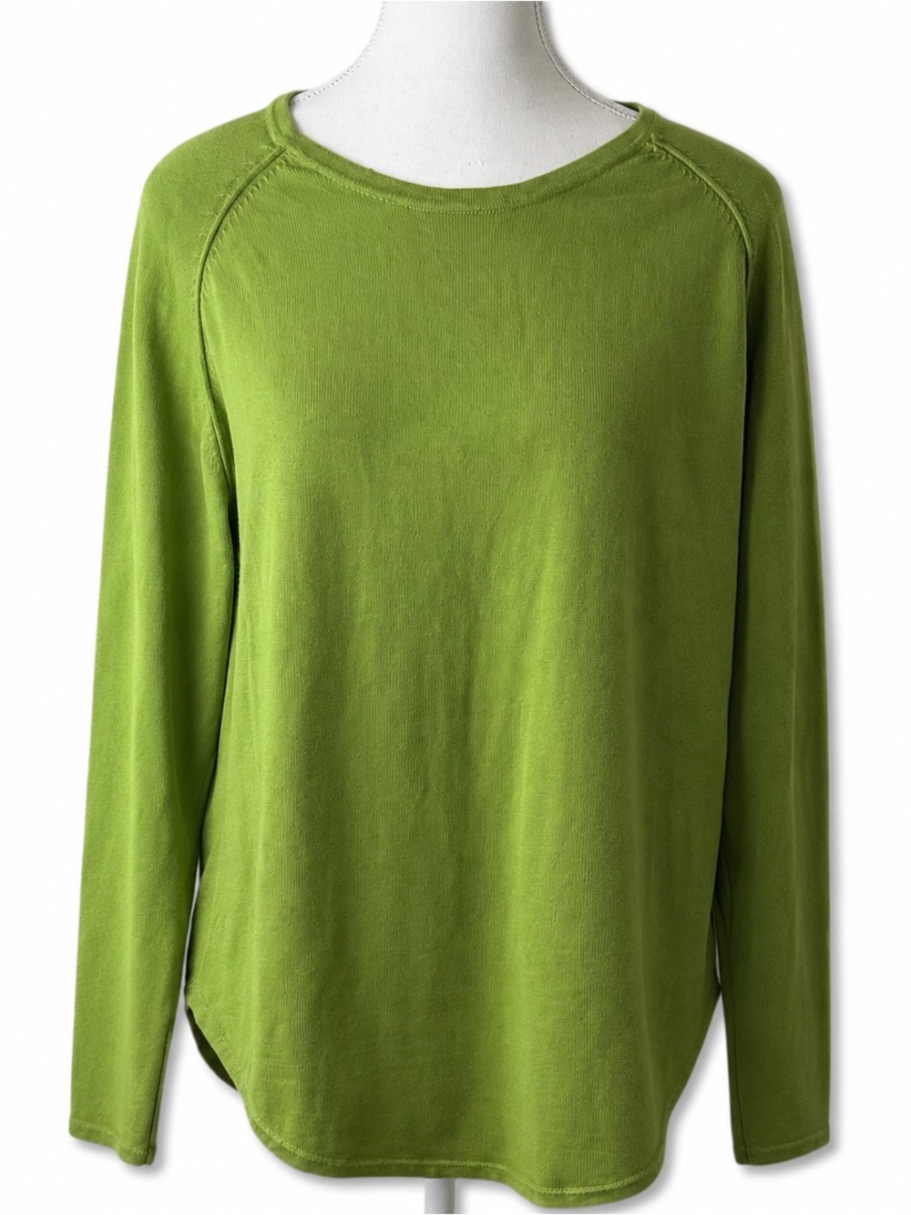 Jeanne Pierre Green Cotton Knit Sweater Womens Large Raglan Curved Hem Top